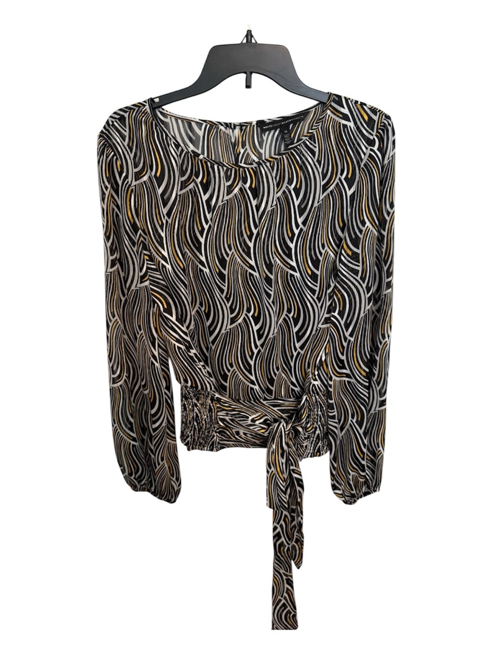 White House Black Market Black, White & Gold Wave-Print Tie-Waist Blouse